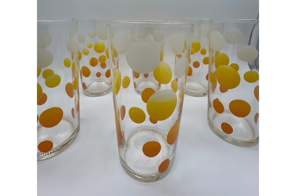 Vtg‎ Retro Set of 5 Hazel Atlas Orange & Yellow Polka Dot 5" Drinking Glass Set